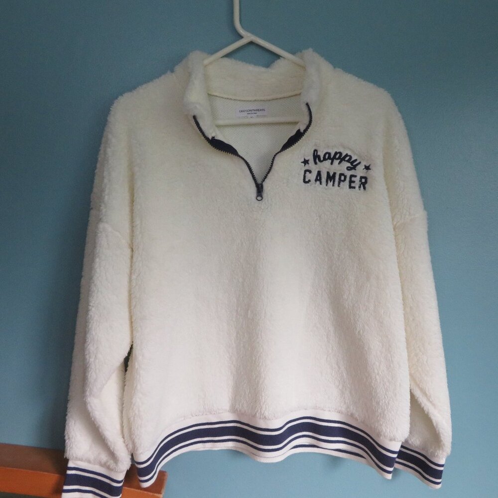 HAPPY CAMPER White Fleece Quarter Zip Sweater XL